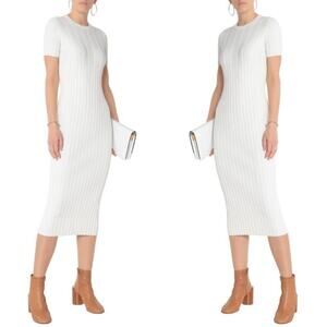 Helmut Lang Rib Knit Bodycon Midi Dress Open Back Short Sleeve Ivory Size Medium